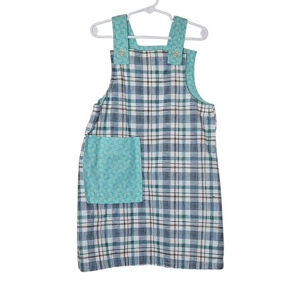 Homemade Blue White Plaid Apron Style Dress  Front Pocket Size 10 Geometric - Picture 1 of 5
